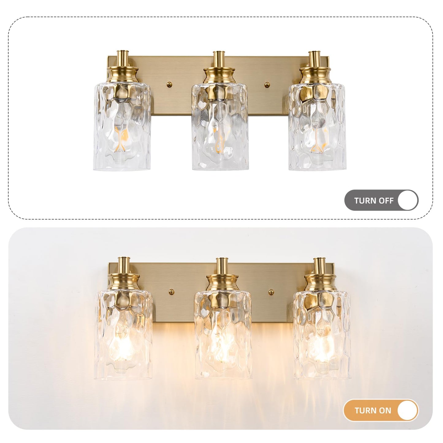 AMRUIPO 3 Light Bathroom Vanity Light Modern Brushed Gold Bathroom Light Fixtures Over Mirror with Hammered Glass Lampshade for Kitchen Hallway