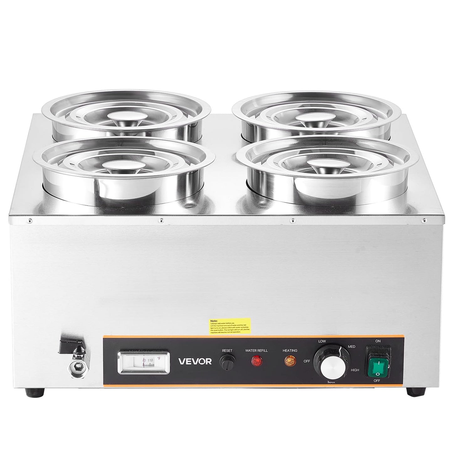VEVOR Electric Soup Warmer, Four 6.34QT Stainless Steel Round Pot with 86~185°F Adjustable Temp, 1500W Commercial Bain Marie with Anti-Dry Burn and Reset Button, Soup Station for Restaurant, Buffet