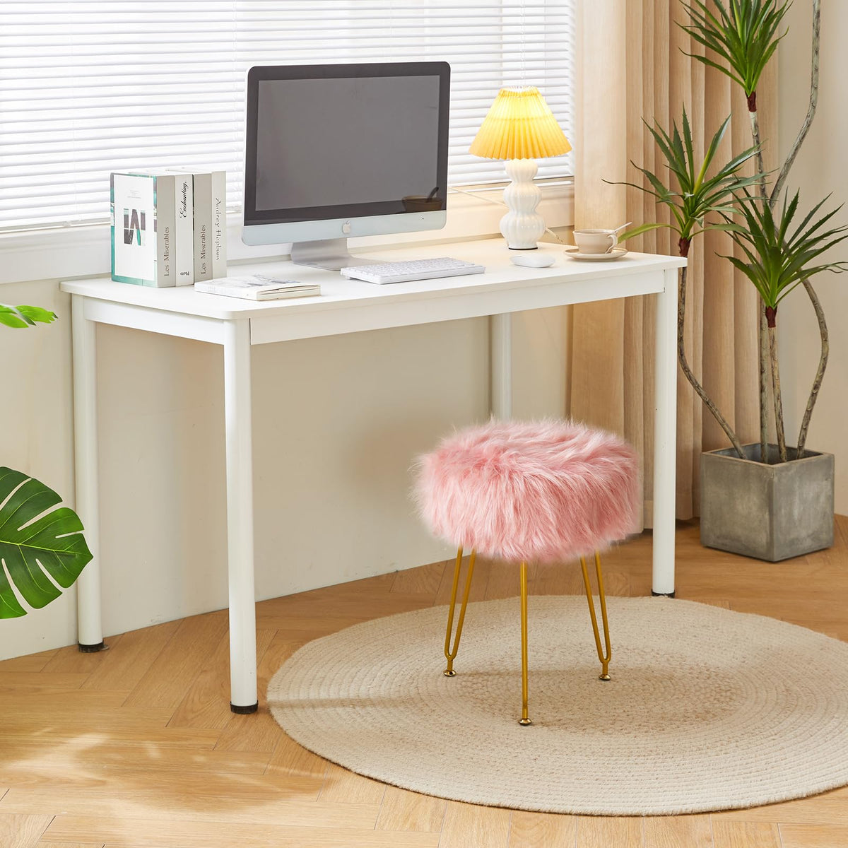 IBUYKE Faux Fur Vanity Stool Chair, Furry Makeup Stool Ottoman, Soft Padded Seat, Round Footrest Footstools with 4 Metal Legs, for Living Room Bedroom Entryway, Pink LG-32P