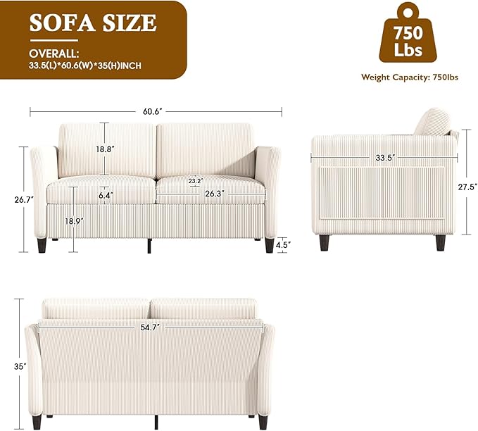 Valthie 60.6" Corduroy Loveseat Sofa, Modern Comfy Couches with Side Pocket, 2-Seater Sofa Couch for Living Room, Bedroom and Small Spaces,Beige