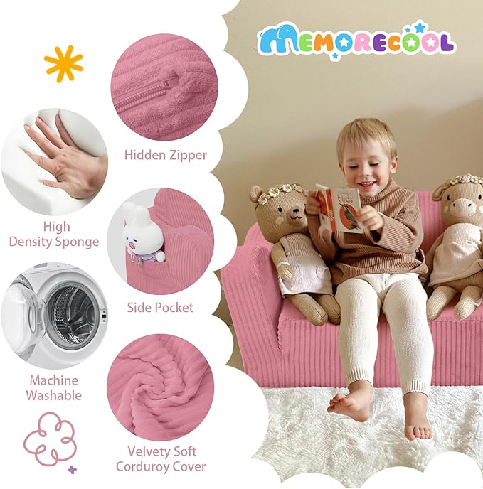 MeMoreCool Toddler Chair & Kids Couch Bed 2‑in‑1 Foldable Lounge Pink (1‑3 yrs) — Convertible Fold‑Out Seat to Sofa Bed for Toddlers, Soft Corduroy Finish, Machine‑Washable Cover, Ideal for Playrooms