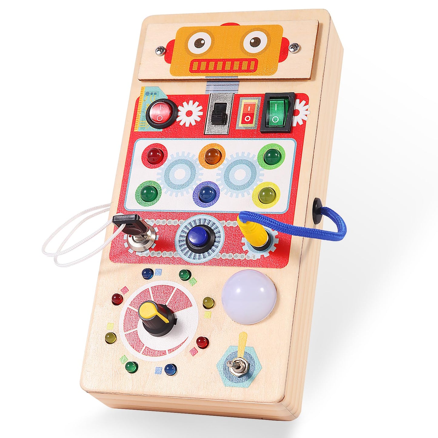 Asweets Montessori Wooden Busy Board Toy for Toddler, Red Robot Sensory Board with 8 LED Shape Light Switches, Travel & Gift Toys for Kids, 3.9''L x 2.0''W x 7.5''H
