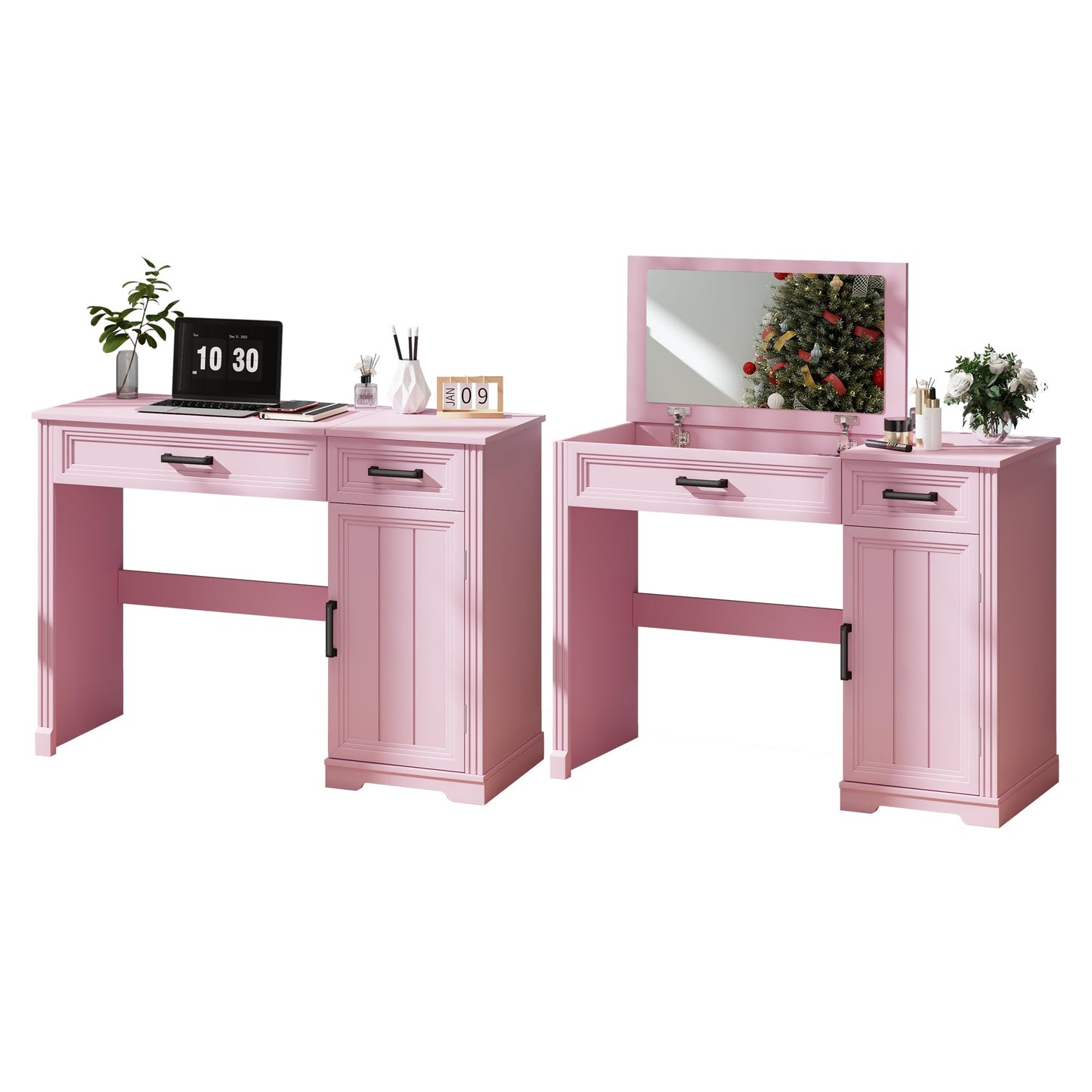 FOMNEY Farmhouse Vanity Desk with Flip Top Mirror, 43.3" W Makeup Vanity with Drawers, Storage Cabinet, Dressing Make Up Vanity Table for Bedroom, Wood Home Office Desk, Pink