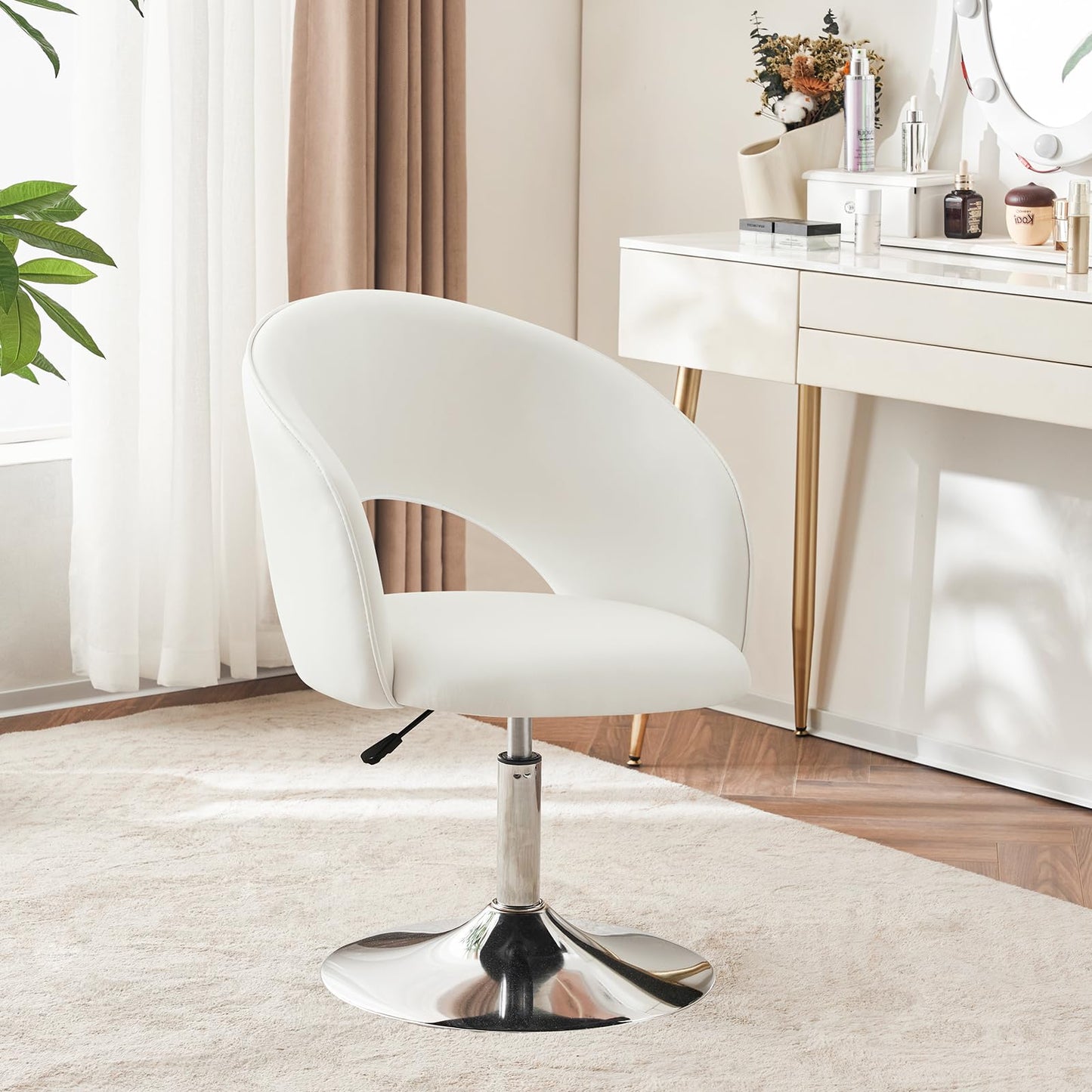 Furnimart Vanity Chair White Leather Vanity Stool, Height Adjustable Accent Chair with Back, Round Swivel Makeup Chair for Living Room Bedroom Vanity Makeup Room (PU White)