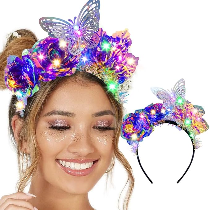 Fdesigner Light Up Flower Headbands Big Butterfly Laser Rave Hairbands Leaf Headpiece LED Women Headbands