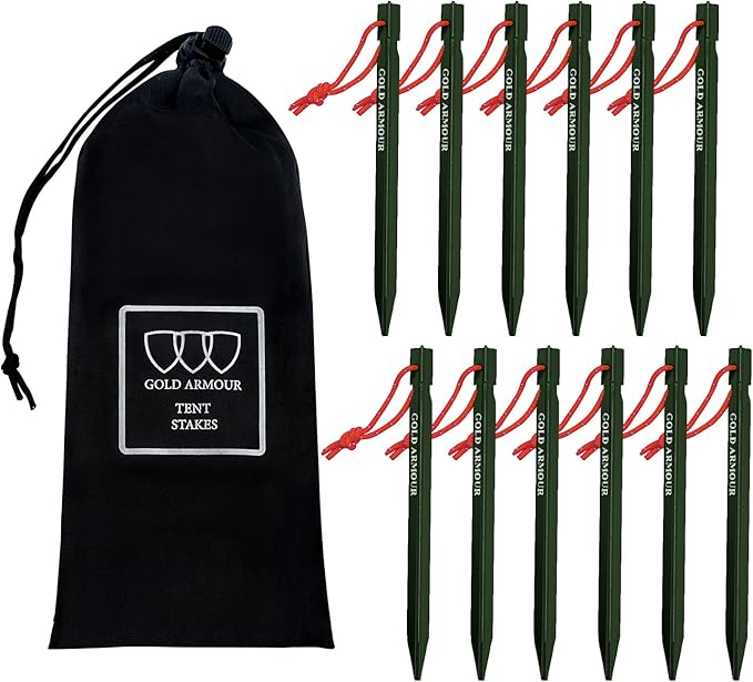 Gold Armour Tent Stakes - 12 Pack Heavy Duty, Lightweight, Camping Stakes Pegs for Outdoor Tent and Tarp, Essential Campin...