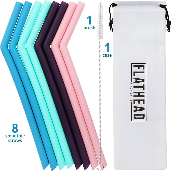 8 Reusable Silicone Smoothie Straws and Cleaning Brush, 30 Ounce - 20 Ounce Tumblers Compatible, Dishwasher Safe, Extra Long Straw - Flexible and Yeti/RTIC Tumbler Compatible