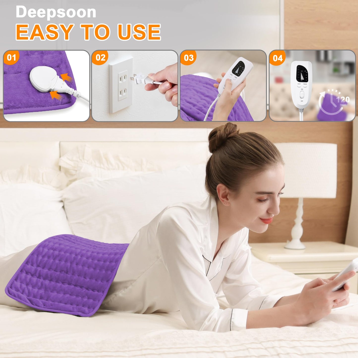Deepsoon Heating Pad,Electric Heating Pads for Back,Neck,Abdomen,Moist Heating Pad for Shoulder,Knee,Arms,Legs,Dry/Moist Heat & Auto Shut Off,Christmas Gifts for Men and Women,Dark Purple,24x12 Inch