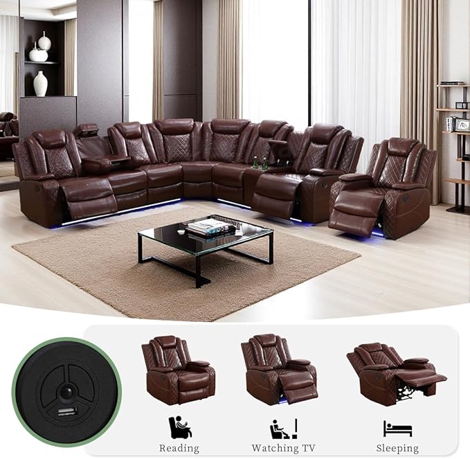Dekmxas Power Sectional Reclining Sofa Set, Brown Breathing Leather Power Recliner Sofa Set with LED Light, Living Room Furniture with 3 Recliner Seats/Cup Holder/Storage Console for Living Room