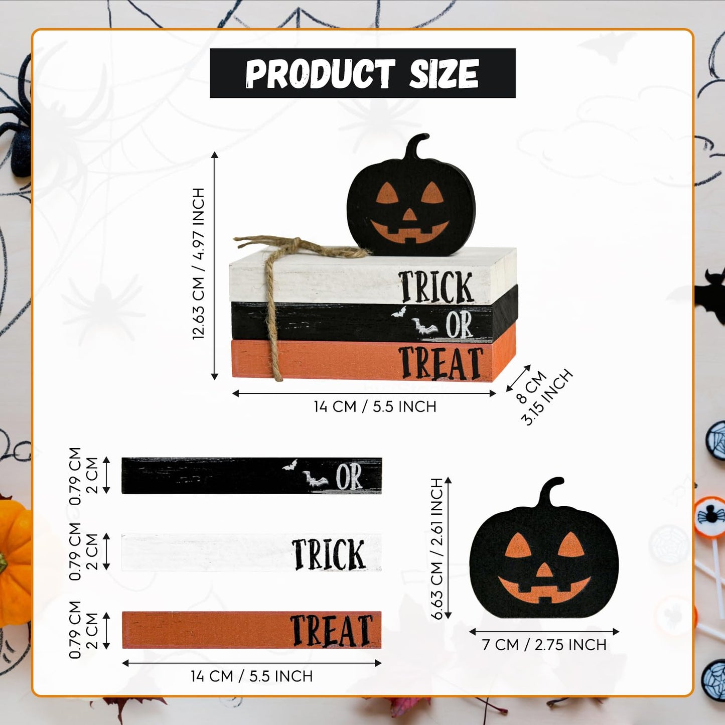 Smile Happy Halloween Wooden Stack, Pumpkin Mini Faux Books Bundle, Trick or Treat Tiered Tray Decorations, Indoor Decor for Kitchen Bathroom and Home Table Shelf