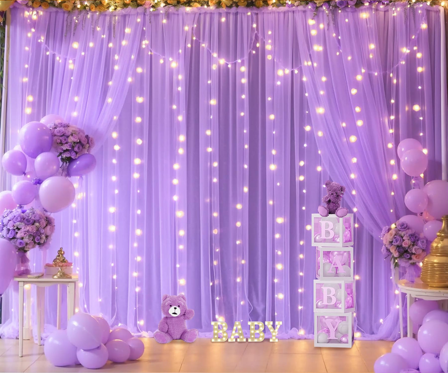 Lavender Sheer Backdrop Curtain With Led Lights For Baby Shower Girls Wedding10Ft X 10Ft Lavender Tulle Backdrop Curtain For Bri