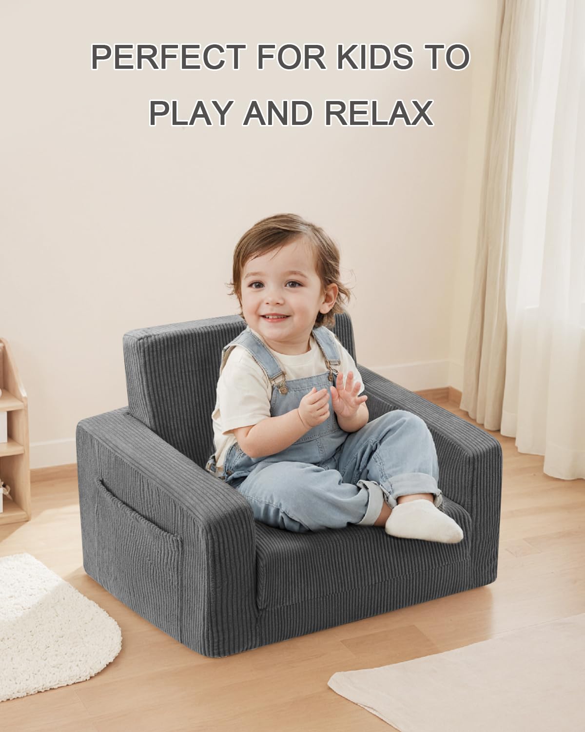 Toddle & Kids Chair,2-in-1 Soft Toddler Couches That Fold Out,Toddler Chairs Comfy 1-3 Years Old,Convertible Sofa to Lounge,Grey