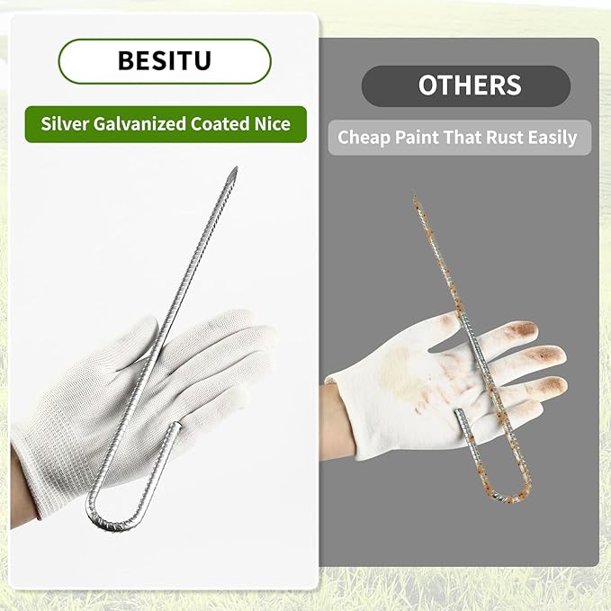 Besitu 12 inch Fence Stakes Heavy Duty 50-Pack J Hook Rebar Ground Stakes Anchor Galvanized Tent Stakes for Outdoor Decorations Inflatables Metal Stakes for Wire Fencing