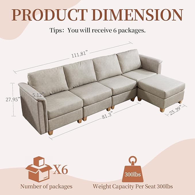 Modular Sectional Sofa,Modern L Shaped Sectional Couches for Living Room,5 Seat PU Leather Deep Seat Sectional Cloud Couch with Storage/Ottoman,Beige
