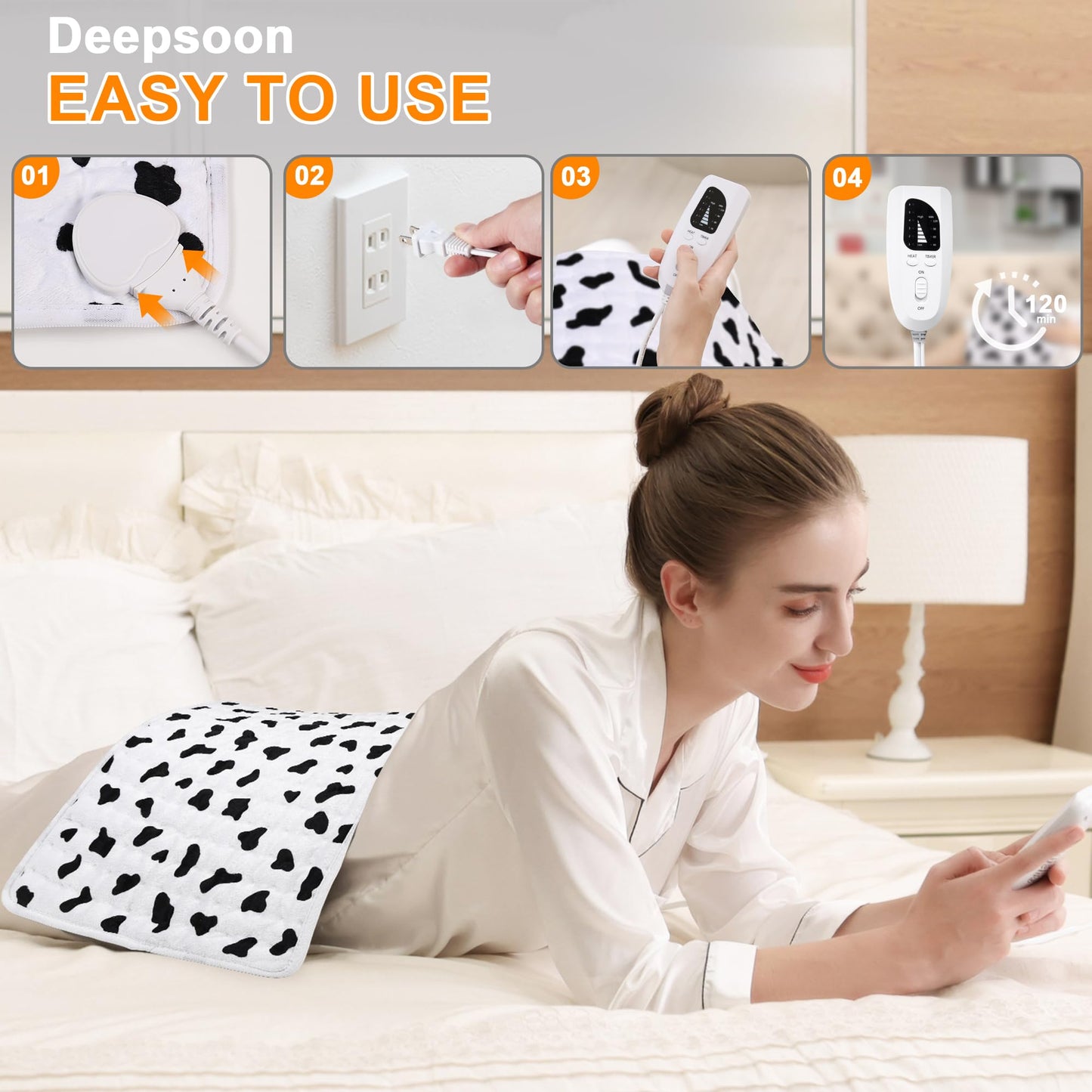 Deepsoon Heating Pad,Electric Heating Pads for Back,Neck,Abdomen,Moist Heating Pad for Shoulder,Knee,Arms,Legs,Dry/Moist Heat & Auto Shut Off,Christmas Gifts for Men and Women,White Black,24x12 Inch