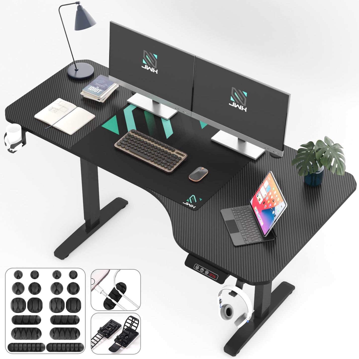JWX Dual Motor L Shaped Standing Desk 63”, Electric Height Adjustable Gaming Desk with Memory Presets, Child Lock, Sit Stand Reminder, Carbon Fiber Desktop, Cable Management, Cup Holder