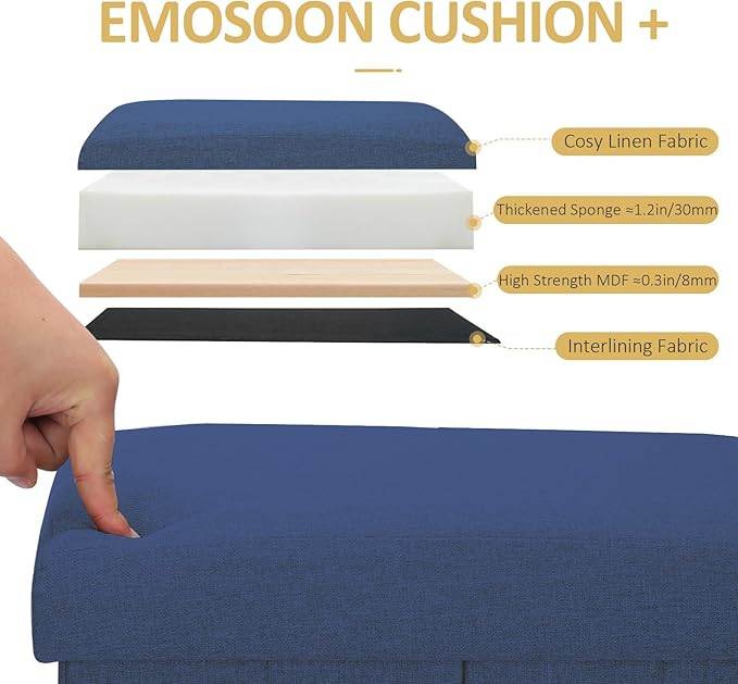 Emosoon Tall Ottoman with Storage Collapsible Fabric Small Slim Folding Ottoman Furniture with Handles Lid for Room Footrest Foot Stool Linen Navy Blue 16.5x16.5x11.8in