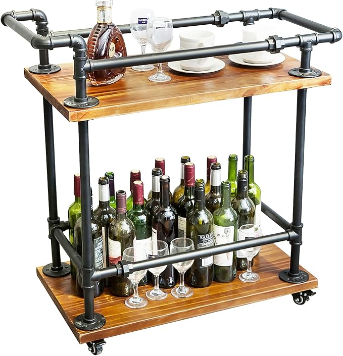 DOFURNILIM Industrial Pipe Bar Carts/Serving Carts/Kitchen Carts/Wine Rack Carts on Wheels with Shelves - Wood Rolling Carts - Wine Tea Liquor Shelves/Holder - Home Furniture