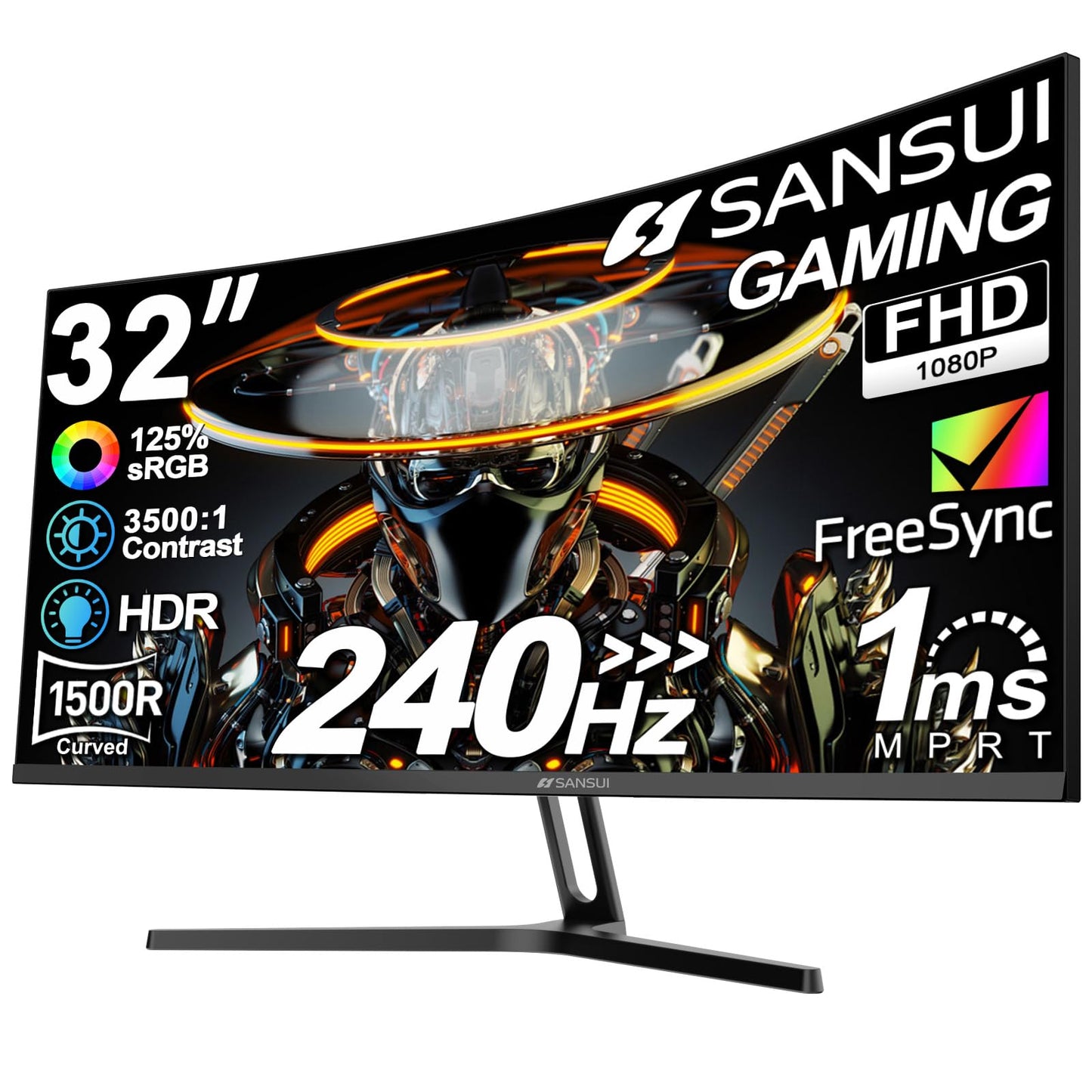 SANSUI 32 Inch Curved 240Hz Gaming Monitor High Refresh Rate, FHD 1080P Gaming PC Monitor HDMI DP1.4, Curved 1500R, 1Ms MPRT, HD