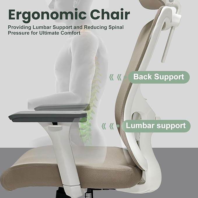 ZYFFHYLAI Ergonomic Office Chair - 350LB Mesh Office Chair with Adjustable Lumbar, High Back Computer Chair with 3D Armrests, Comfy Chair with 2D Headrest & Tilt Function for Study, Work, Gaming