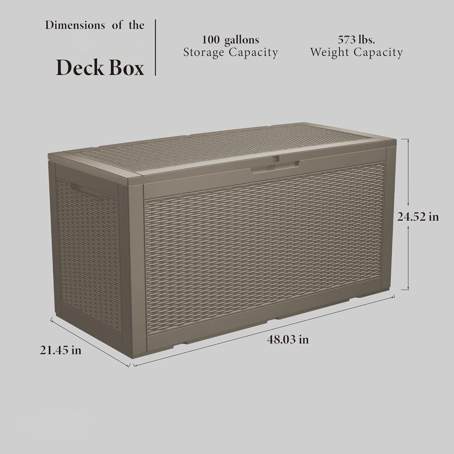 100 Gallon Waterproof Deck Box, Lockable Resin Storage Box for Patio Furniture Cushions Garden Tools and Outdoor Delivery Storage, Coffee