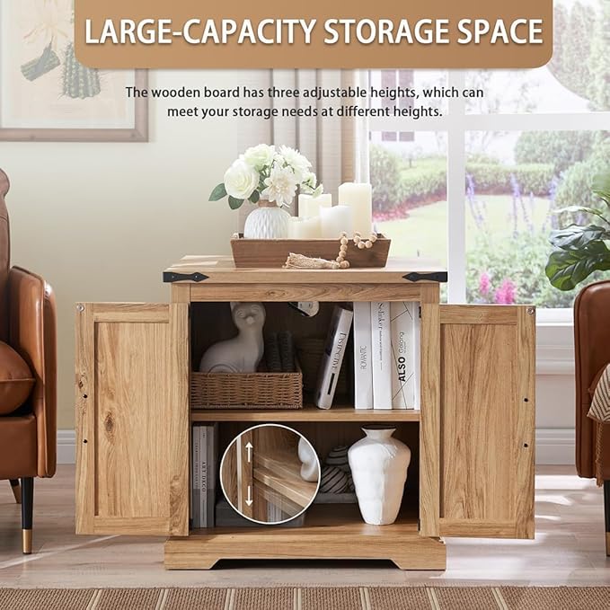Barnyatoh Farmhouse Boho End Table with Charging Station, 24" Large Side Table with Rattan Barn Door, Rustic Wood Square Nightstand Bedside Table with Storage for Living Room, Bedroom, Natural