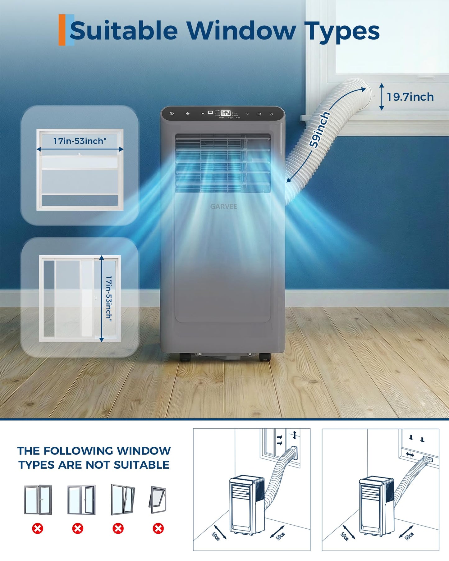 Garvee 8000 BTU Portable Air Conditioner,Up to 350 Sq.Ft. Remote Control 48dB Portable AC Unit, Dehumidifier, Fan, Sleep, 24H Timer&Installation Kit, DOE Certified, Ceer 6.2,Grey+Black Panel