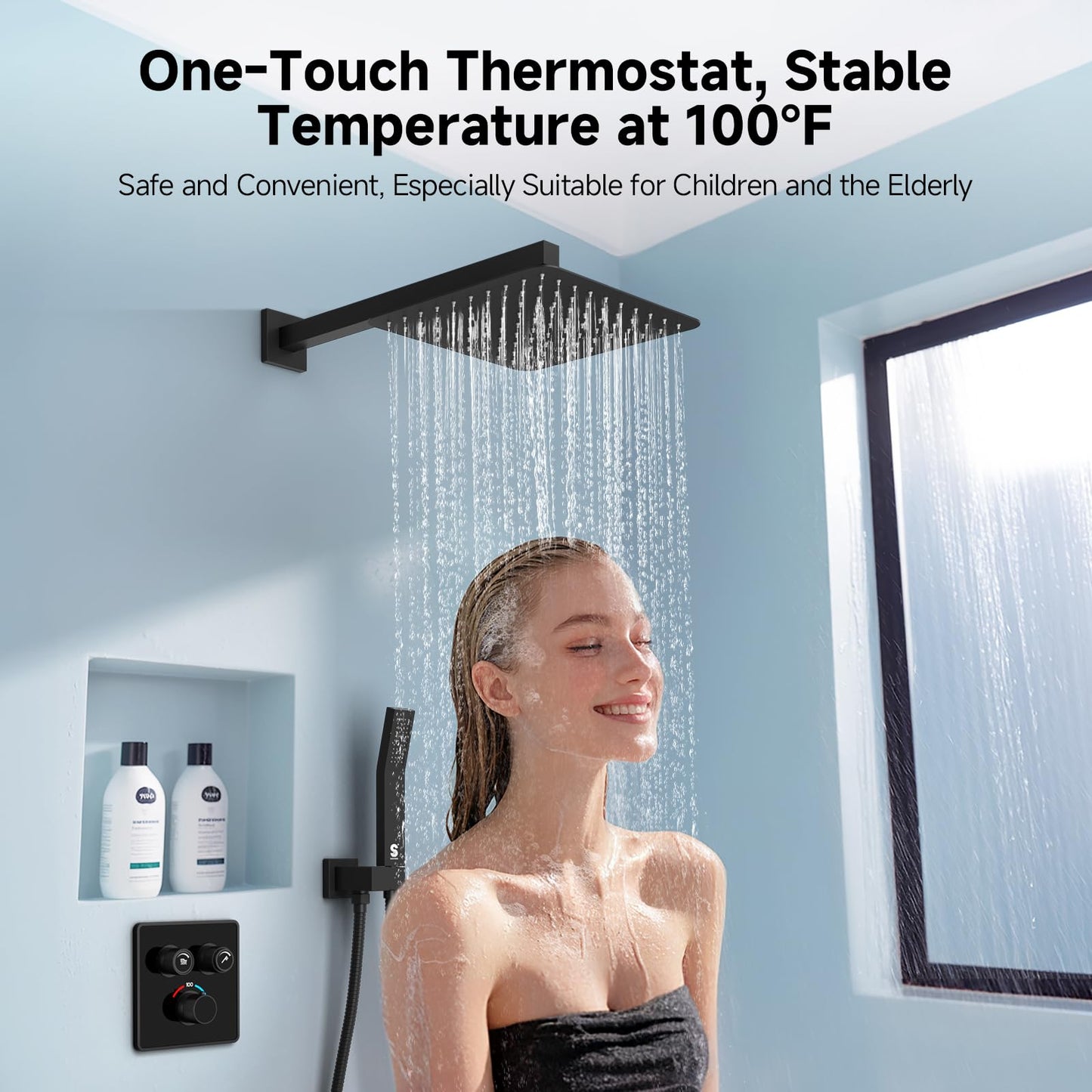 SR SUN RISE 100℉ Thermostatic Shower System,10" Luxury Rainfall Shower Head and High-Pressure Handheld Bathroom Shower Faucet Set,Shower Valve and Trim Kit Included (Matte Black)