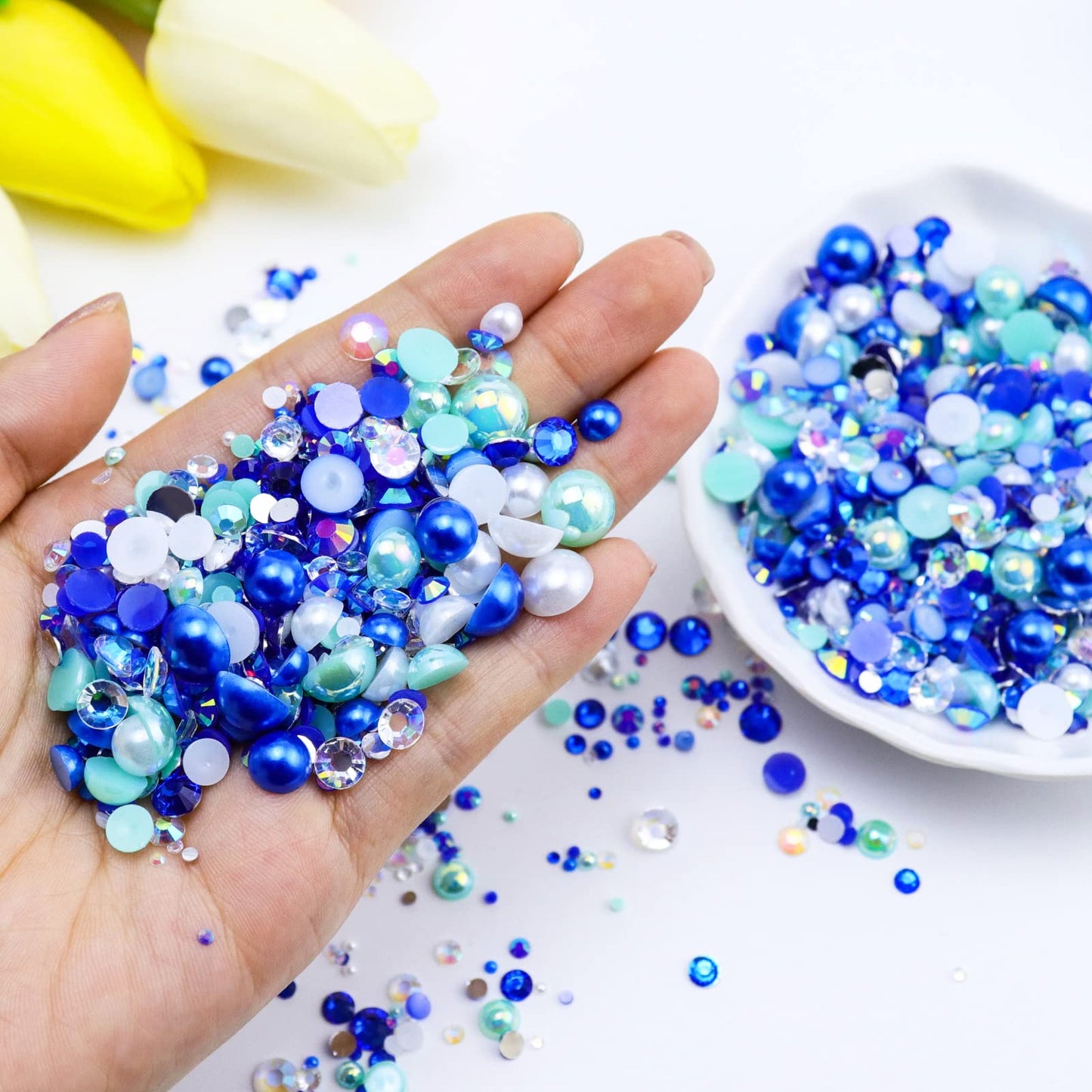 Briskbloom 60g Mix Flatback Pearls and Rhinestones for Crafts, 2mm-10mm Blue Green White for Nail Face Art Tumblers, Jelly Rhine