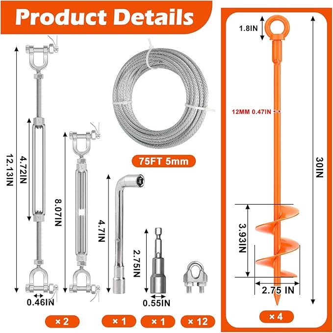 30" Ground Anchors Shed Anchors Kit with 3/16" 75FT Galvanized Cable & M6 304 Stainless Steel Turnbuckles, Heavy Duty Earth Anchors for Sheds Trees Trampoline Greenhouse Swing Set Tent, 4Pack Orange