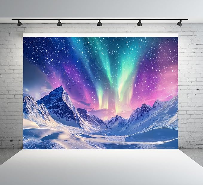 PONNYC Winnter Snow Northern Lights Backdrop Colorful Aurora Borealis Natural Scenery Snow Mountains View Night Starlit Ph...