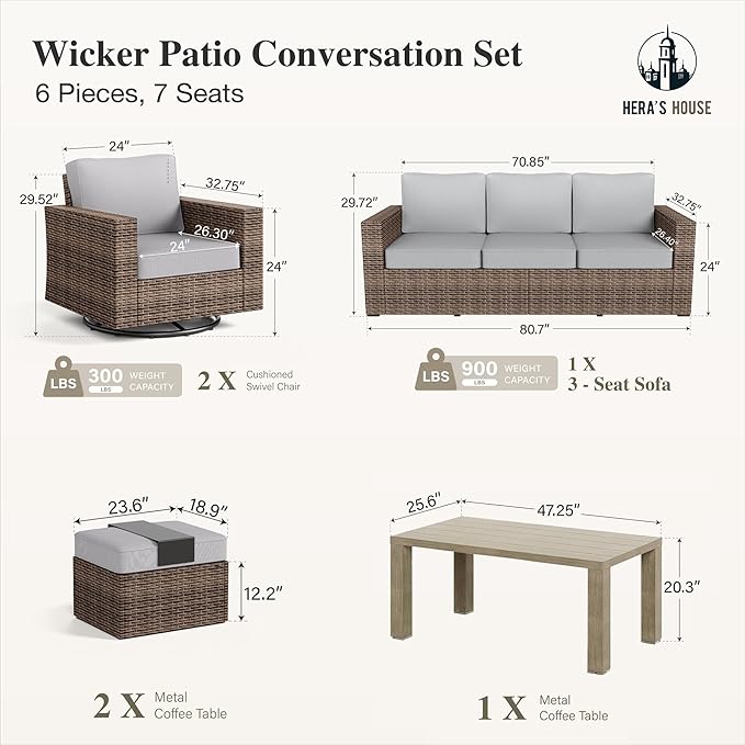 HERA'S HOUSE Swivel Glider Patio Furiture Set with 4.92" Wide Armrests, Outdoor Wicker Conversation with 5.5" Waterproof Cushions, 6 Pieces Outside Sofa Set for Deck Lawn, Grey