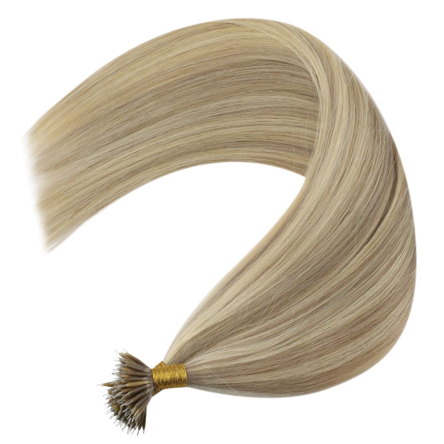 Easyouth Nano Ring Hair Extensions Real Hair Natural Nanos Hair Extensions Golden Blonde Highlight Medium Brown Nano Beads Exten