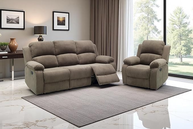 A Ainehome Corduroy Sofa Sets, Living Room Furniture Sets with Storage, Manual Recliner Couches Set, Reclining Sofa Couch and Chair Furniture Set for Living Room/Rv/House/Office, Taupe