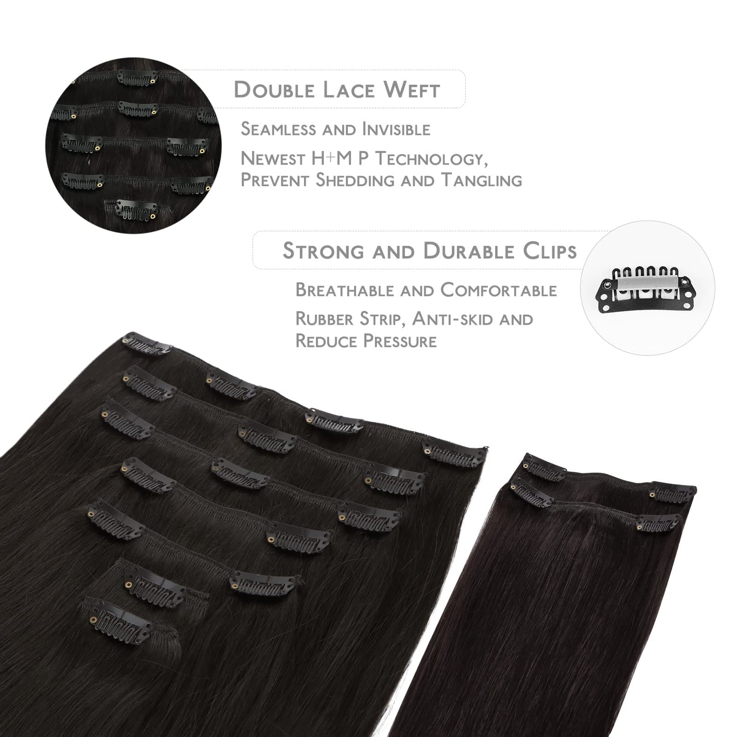 WENNALIFE Clip in Hair Extensions Real Human Hair, 150g 18 Inch 9pcs Natural Black Remy Hair Thicker Double Weft Extensiones De