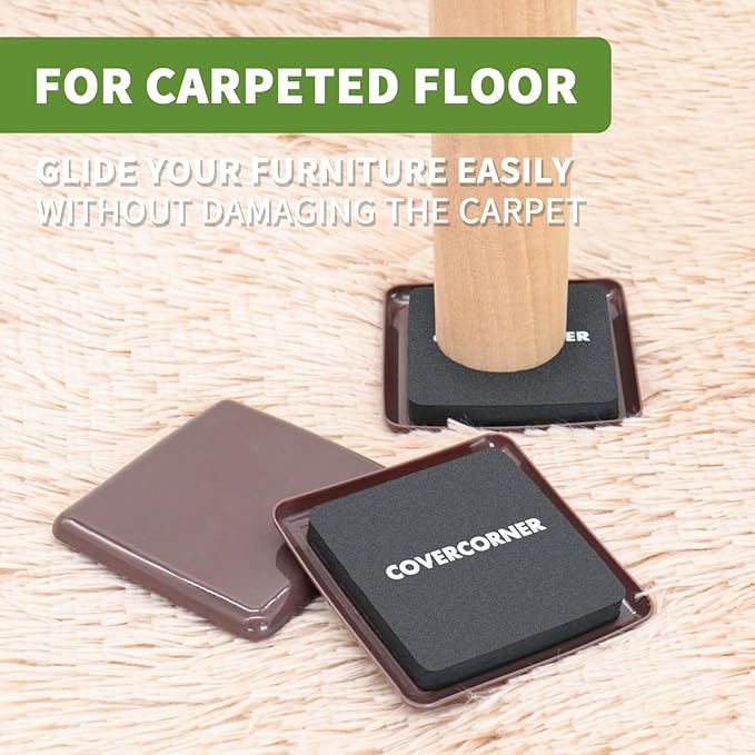 COVERCORNER Furniture Sliders for Carpet 16 PCS - 3 1/2 inch Furniture Moving Slider Chair Legs Floors Protectors Square Furniture Movers Sliders – Move Your Furniture Easy & Safely(for Carpet)-Brown