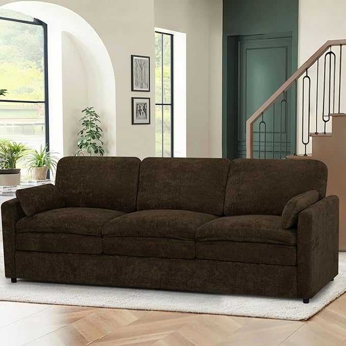 ACMEASE 89” Chenille Sofa w/Two Arm Pillows, Upholstered 3 Seater Sofa w/Comfortable Back Cushions, Modern 3 Seats Couch w/High-Density Foam for Living Room, Apartment, Office, Brown