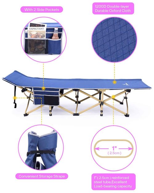 Sportneer Camping Cot with Mattress – Foldable Sleeping Cot for Adults, Heavy Duty Portable Bed for Camping, Hiking, Guest Room, Outdoor, 450 lbs Capacity, Easy Setup, Dual Side Pockets