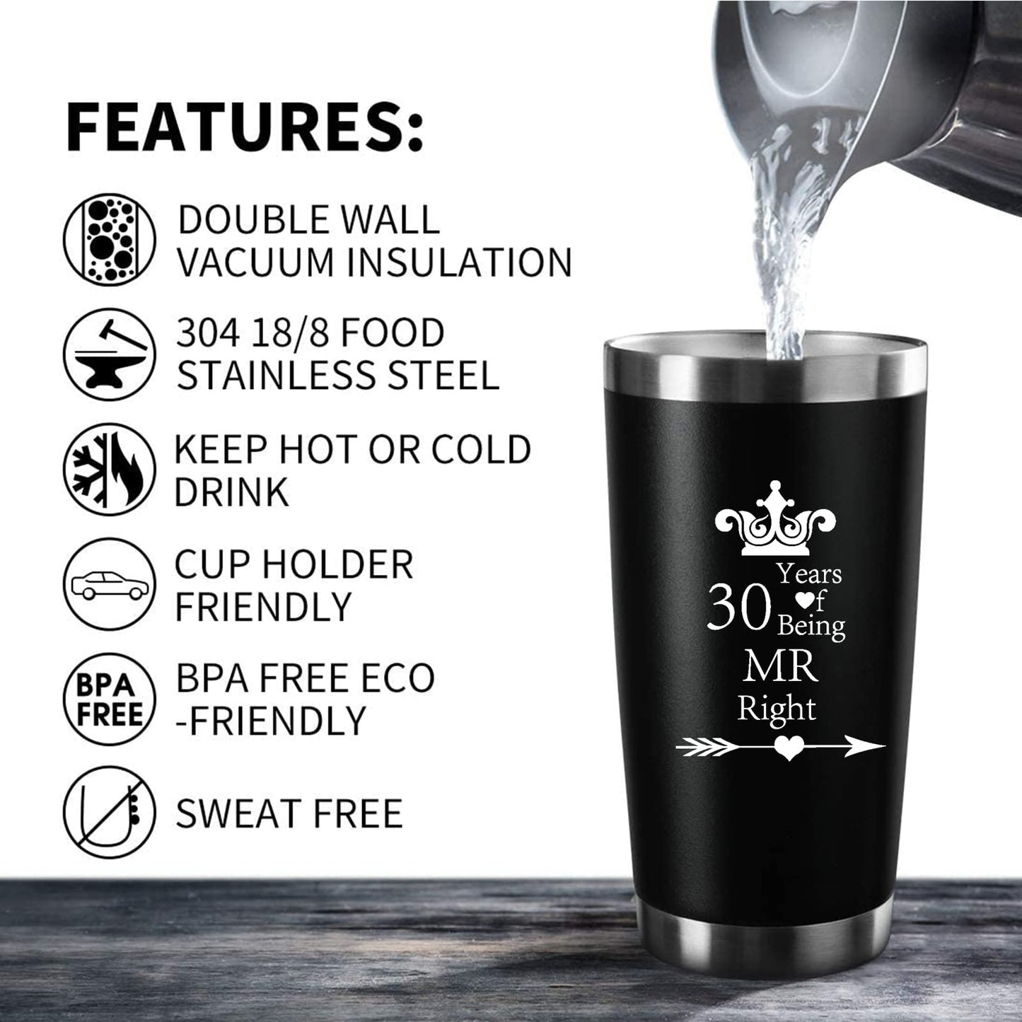 HLIKEM Set of 2 Wedding 30th Engagement Anniversary Tumblers for Couples Parents 20 OZ Stainless Steel Insulated Car Tumbler Travel Mug Mr Right Mrs Always Right 30 Years Anniversary Funny Present