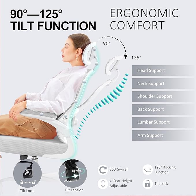TUKAKA Ergonomic Office Chair,Ultra Thick Office Desk Chair with Adjustable Lumbar Support and Headrest,Spring Cushion,Rocking Function,Flip-up arms,Mesh Computer Chair for Home Office,Grey