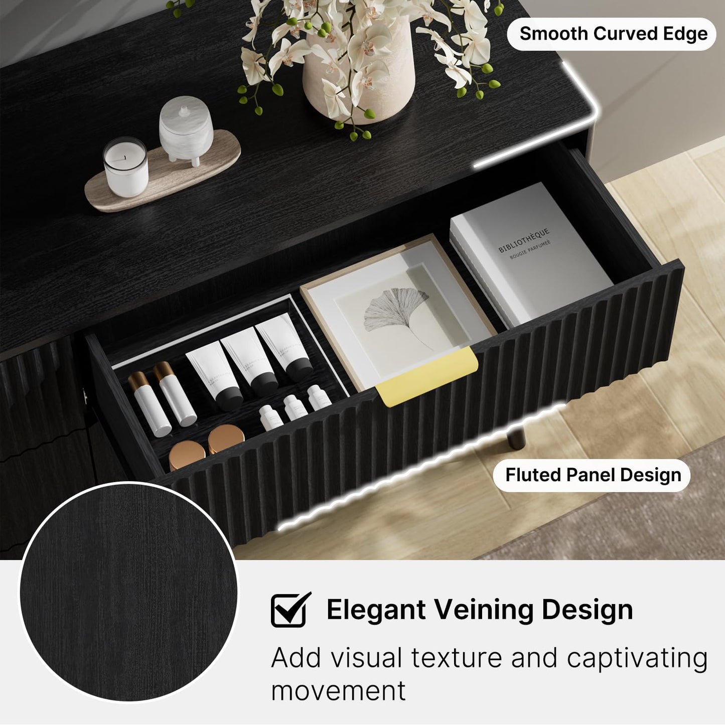 LYNSOM 55" Wide Fluted Dresser for Bedroom with 6 Drawer, Modern Chest of Drawers with Curved Profile Design and Metal Handles, Wood Dresser TV Stand & Storage Organizer for Living Room, Black