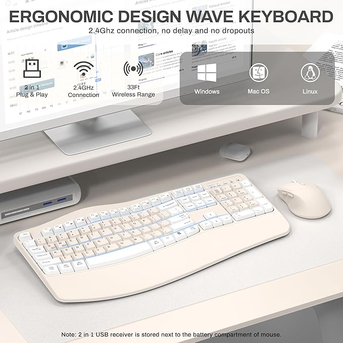 Ergonomic Wireless Keyboard and Mouse Combo, Wave Keys Keyboard with Wrist Rest for Natural Typing, 3 DPI Adjustable Ergonomic Silent Mouse for Computer/Laptop/Windows/Mac (Latte Color-A)