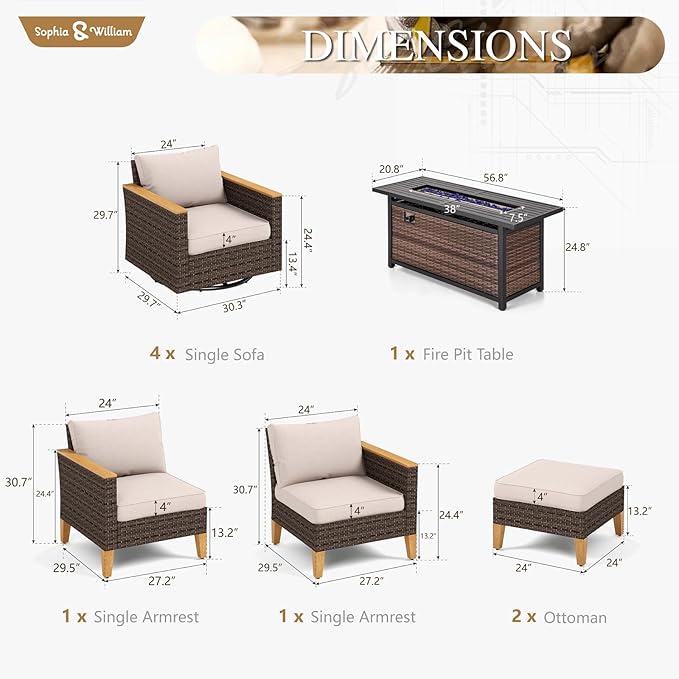 Sophia & William Patio Furniture Set with 56" Fire Pit Table & Swivel Chairs, 9 Piece Outdoor Sectional Furniture Wicker Modular Sofa Couch, Conversation Set for Deck Backyard Lawn, Beige