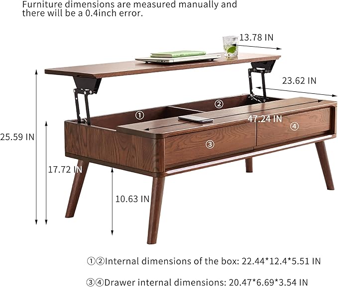 QKFF Wood Lift Top Coffee Table, 100% Solid Oak Wood Small Rising Dining Center Tables with Storage Shelf and Hidden Compartment for Living Room 48D x 26W x 26H