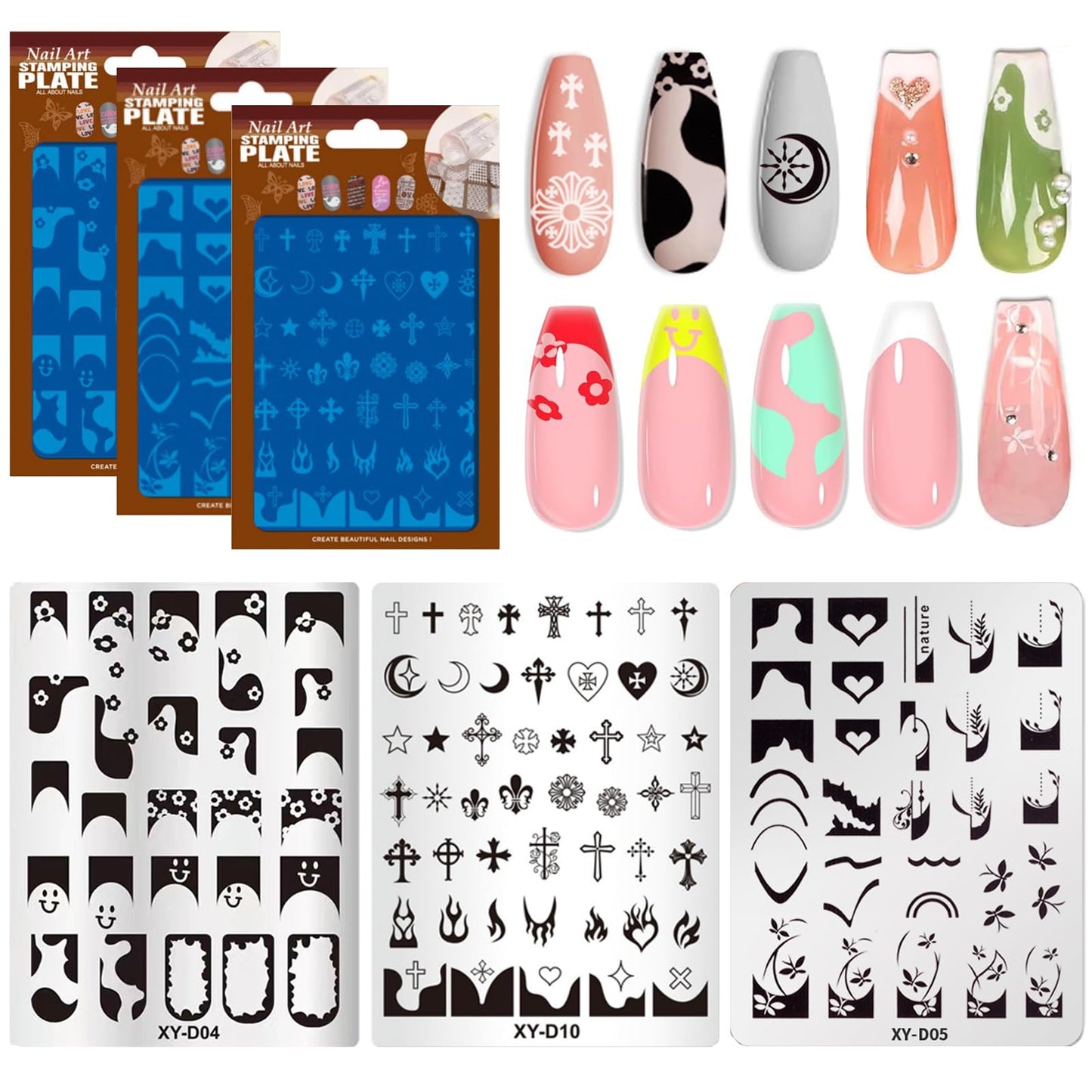 BlueZOO Nail Stamping Plates Set, Moon Star Cross Heart French Line Wave Strips Plants Nail Art Image Stamp Templates Reusable M
