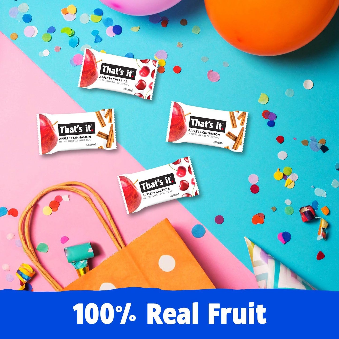 That’s it. Fun Size Fruit Bars Variety Pack - Apple + Cherry & Apple + Cinnamon (50 Pieces, 10g Each), Non-GMO, Kosher, Gluten Free, Breakfast Snacks, Allergy Friendly