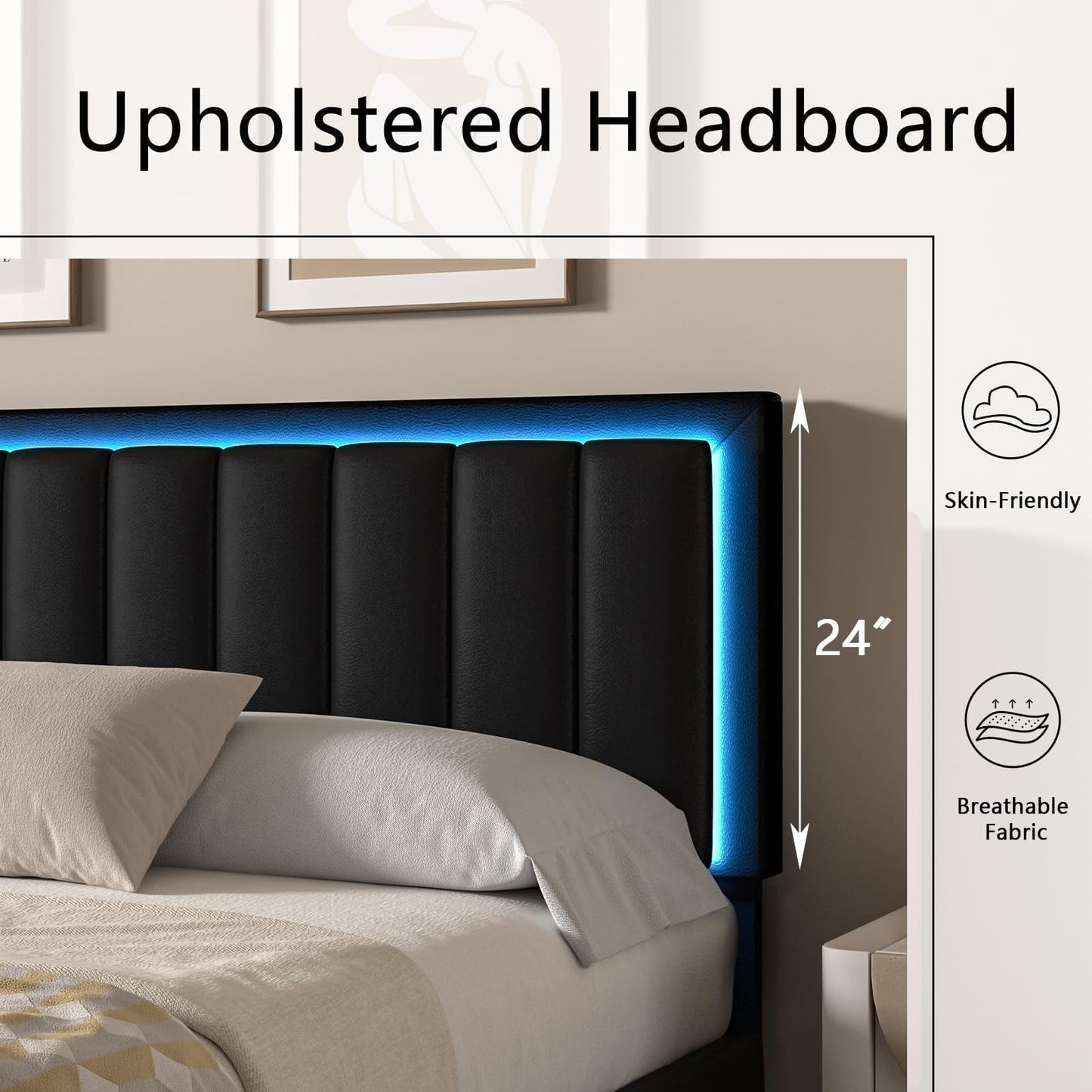 IMMERSTABLE Queen Bed Frames with LED Lights, Upholstered Bed Frame Queen, Queen Bed Frame with Headboard, No Box Spring Needed, Noise-Free, Easy Assembly, Black
