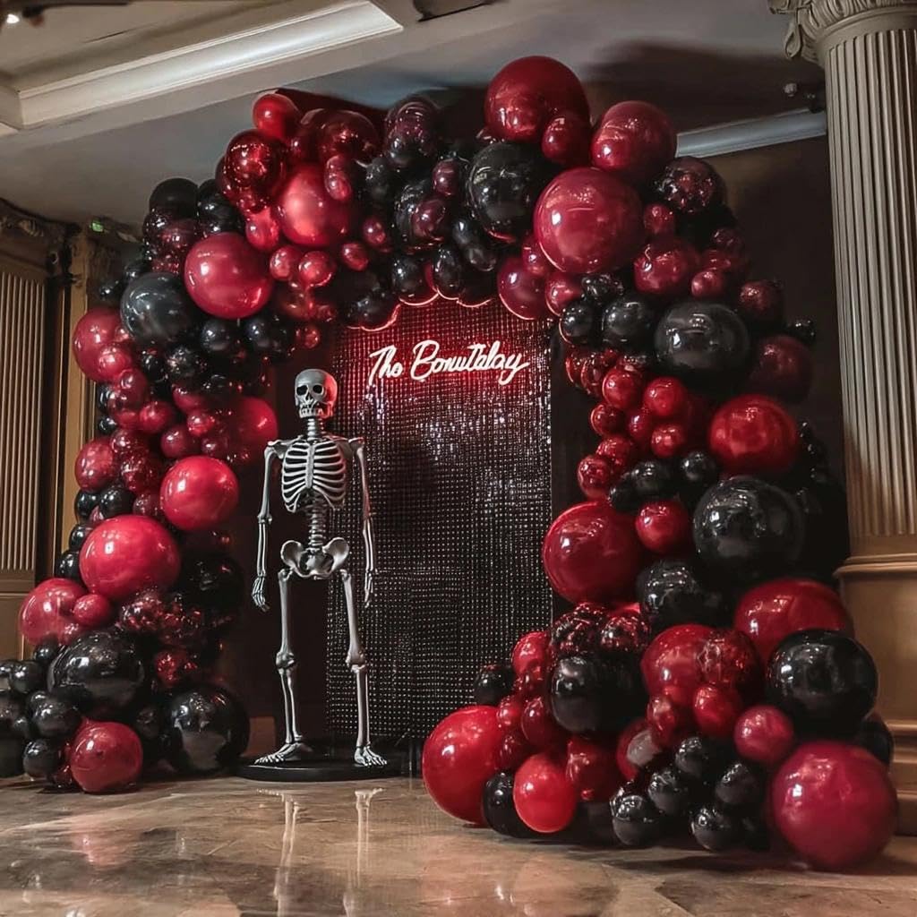 Black Red Balloon Arch Double Stuffed Black Burgundy Maroon Balloons Dark Ruby Red Metallic Balloon Garland Kit for Birthday Wedding Halloween Casino Anniversary Graduation Party Decoration