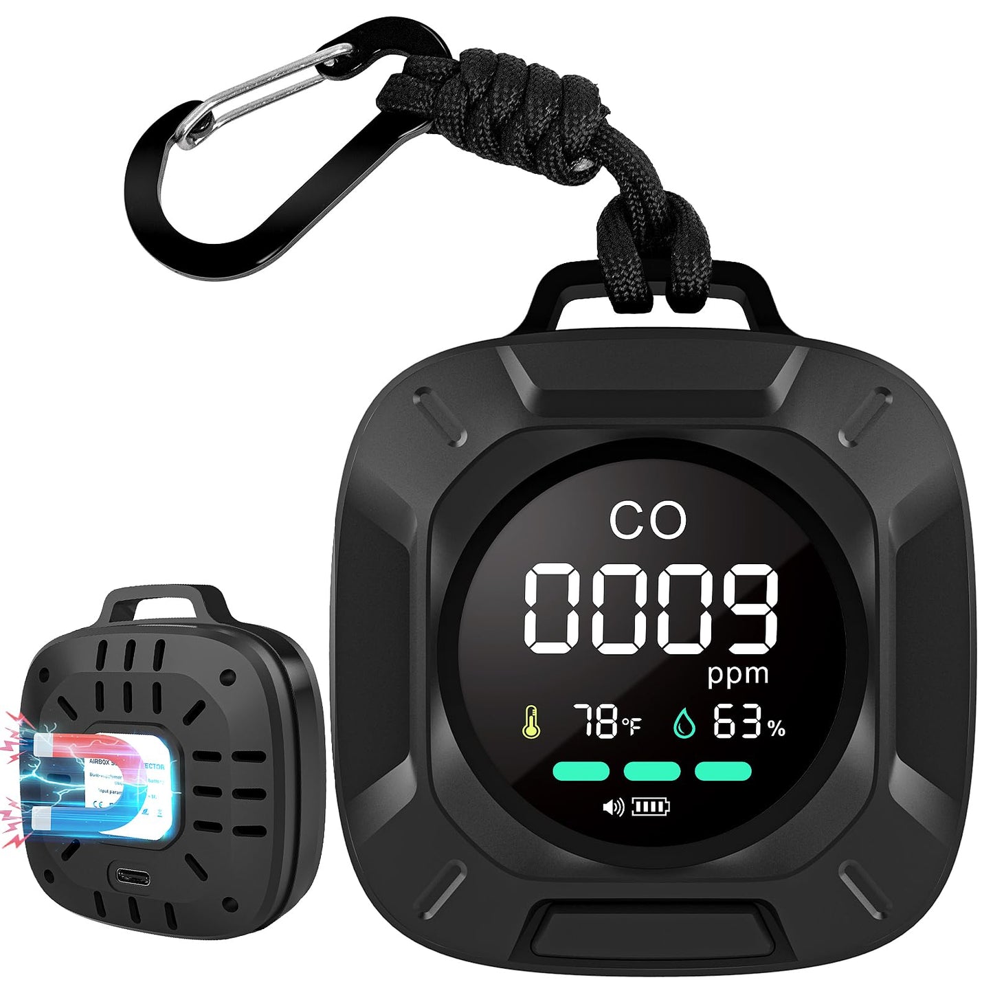 Carbon Monoxide Detectors, 3-in-1 CO Detector Portable Carbon Monoxide Detector with Magnetic Suction, Travel Carbon Monoxide Detector with Temp and humi Sensor, Rechargeable Battery for 480H Standby