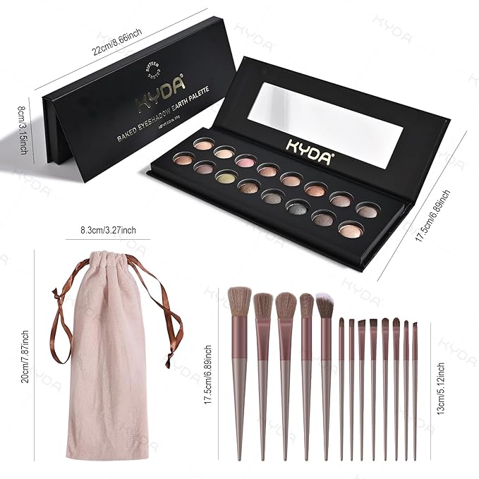 KYDA 16 Colors Baked Eyeshadow Earth Palette Kit, Neutral Earthy Tones Baked Powder Palette with Matte Shimmer Finish, Rich Buildable Pigments, Soft Blendable Creamy, Crease-proof, with 13Pcs Brushes